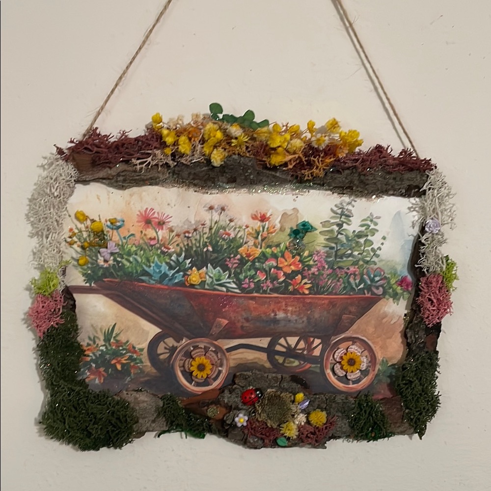 Floral Wheelbarrow Wall Art decor moss nature inspired blooms handcrafted